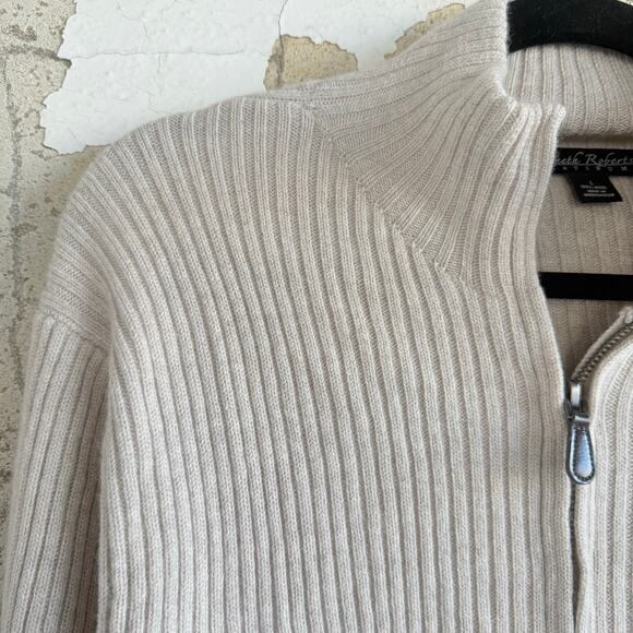 Kenneth Roberts Cardigan Sweater 100% Wool Ribbed Full Zip Mock Neck Beige Men L - Picture 2 of 7